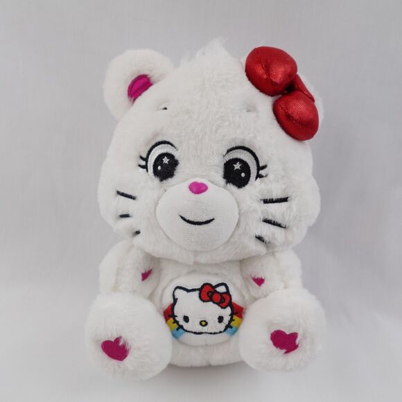 Hello Kitty Care Bears Plush Collab Cross-over Cheer Bear White Red Bow Whiskers - Picture 13 of 14